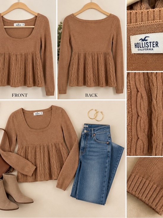 Hollister Sweaters - Hollister Women's Cable-Peplum Sweater in Camel Brown Size S